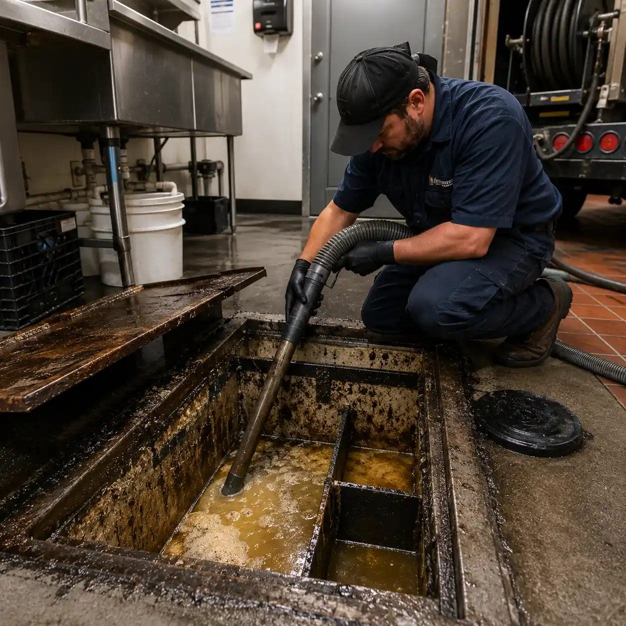 Grease trap compliance check at a Providence, Rhode Island restaurant kitchen