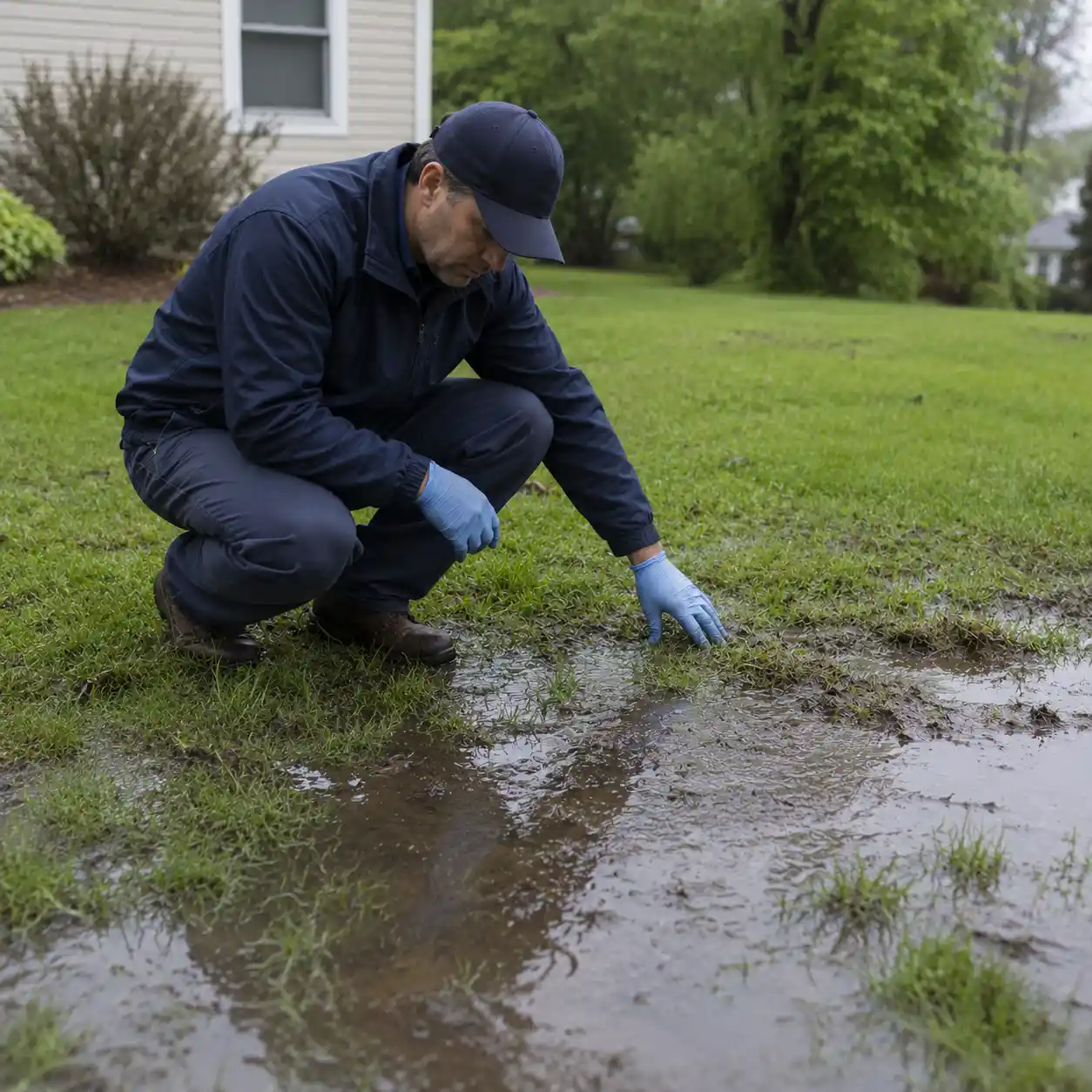 Inspector checking drain field saturation in Providence County, Rhode Island