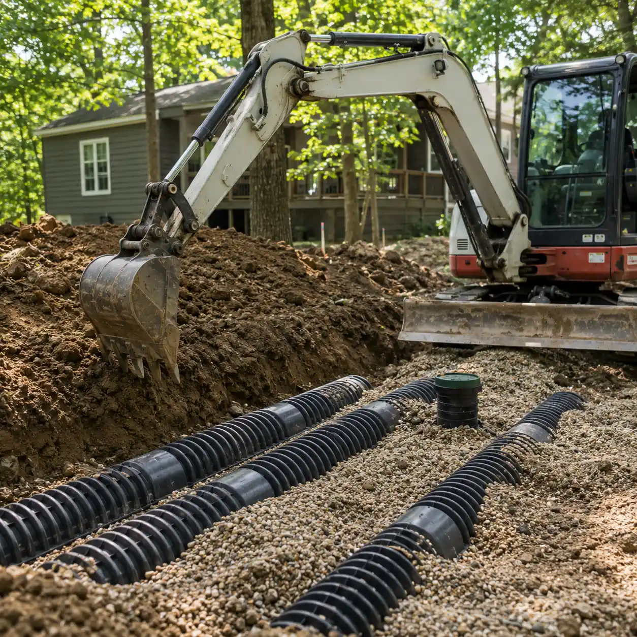 Excavator installing a drain field in rocky Rhode Island soil