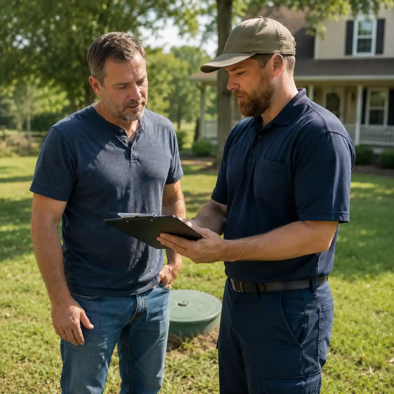 Homeowner discussing a septic inspection report before a Rhode Island home purchase