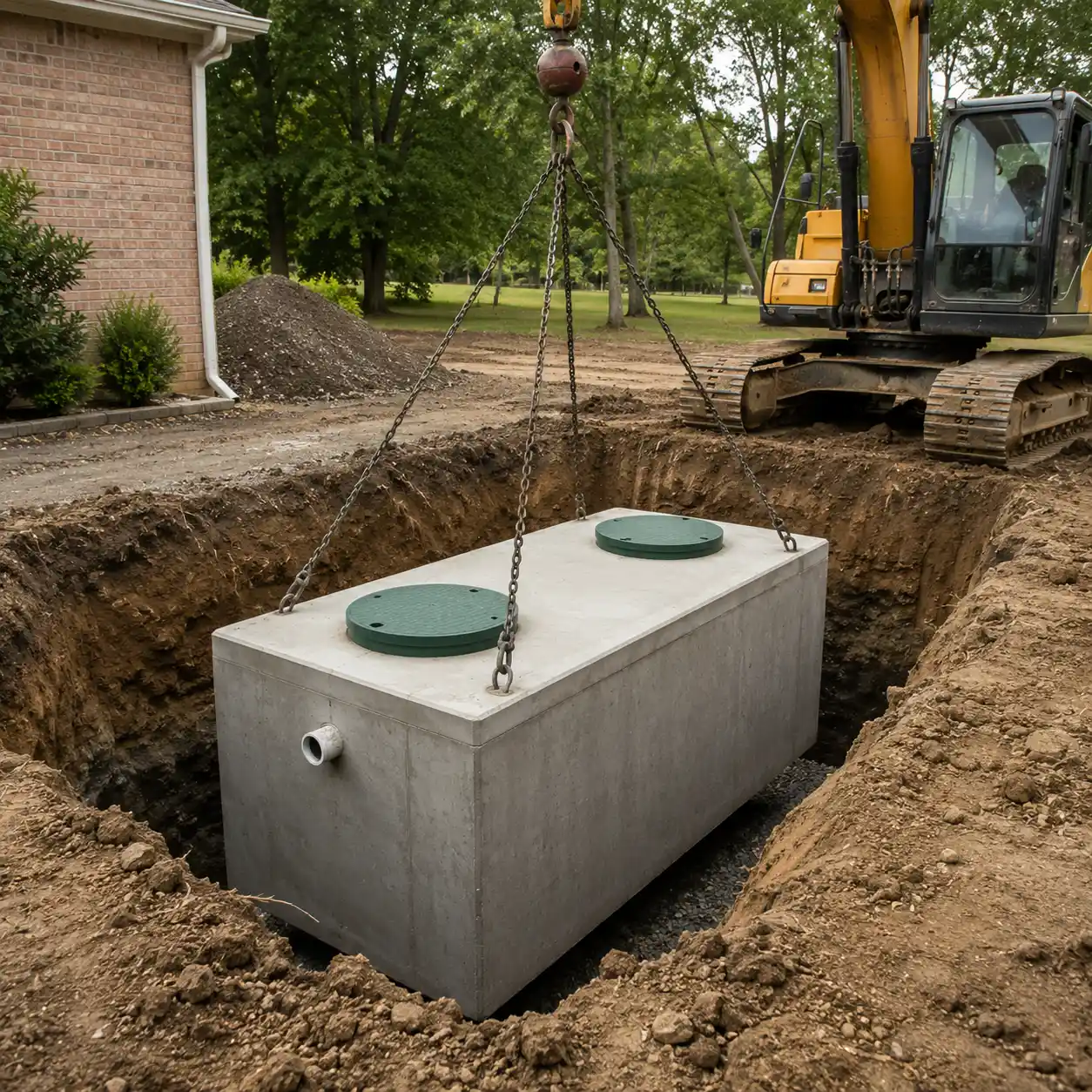 Lowering a new septic tank into place during installation in Providence County, Rhode Island