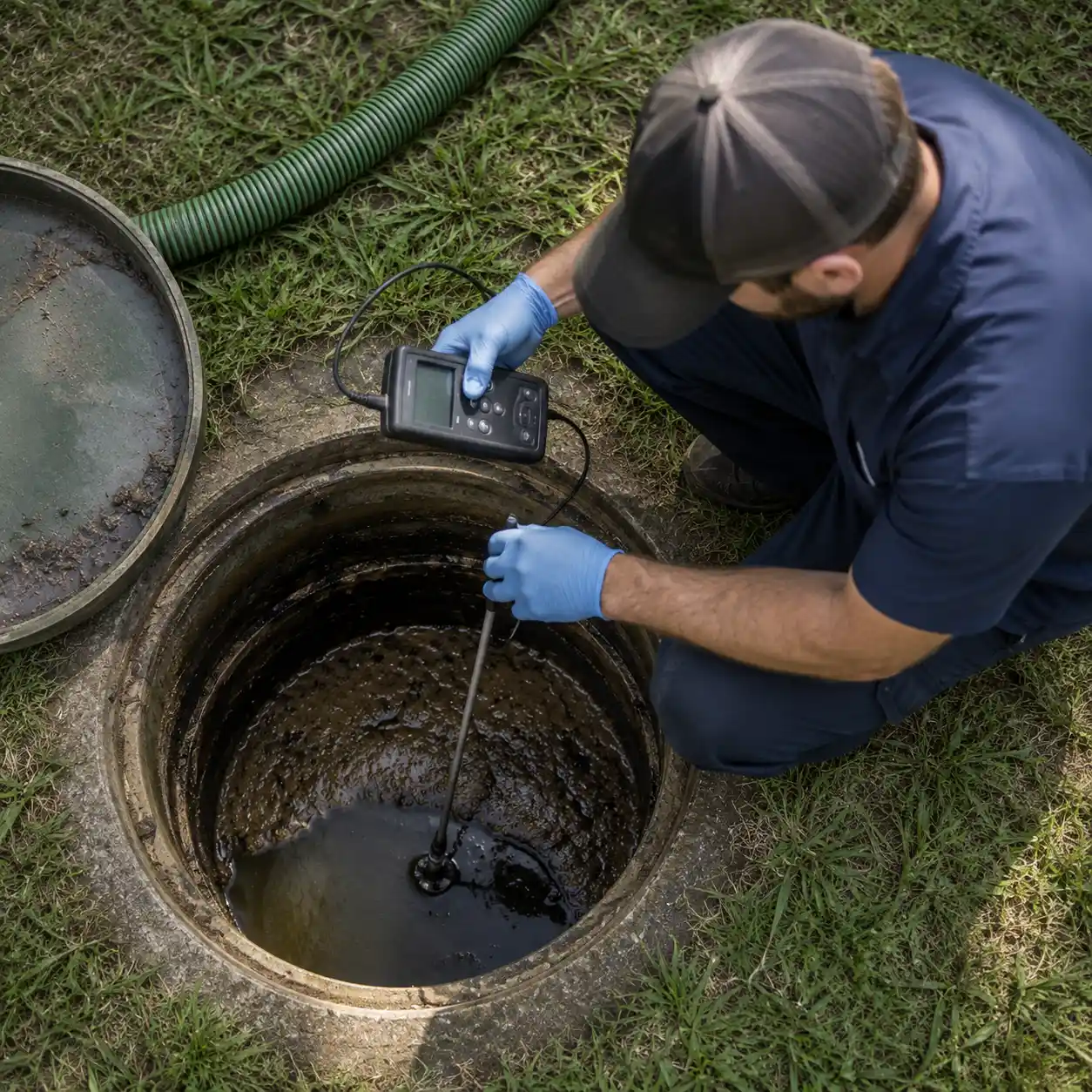 Measuring septic tank sludge levels before a cleaning service in Providence County, Rhode Island