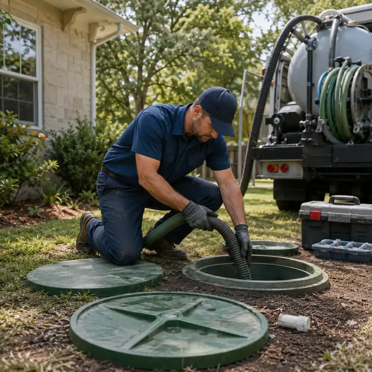 Providence Septic Services truck servicing a property in Coventry, Rhode Island