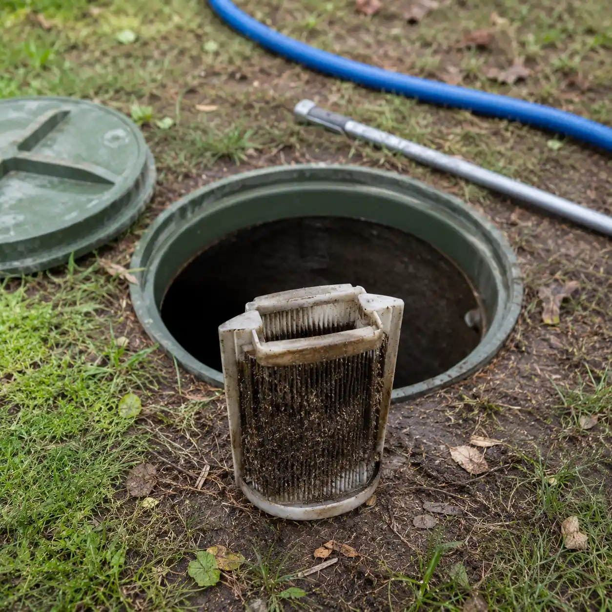 Removing and cleaning a septic effluent filter with heavy buildup in Providence County, Rhode Island