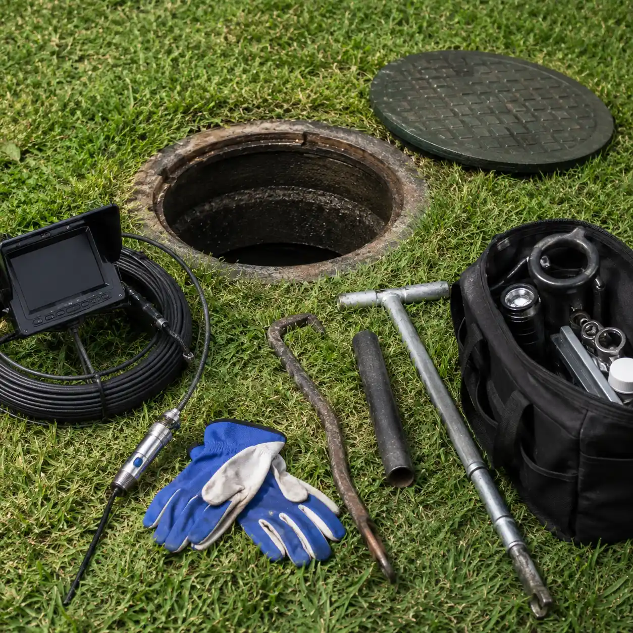 Septic inspection tools laid out before a written report is prepared in Providence County, Rhode Island