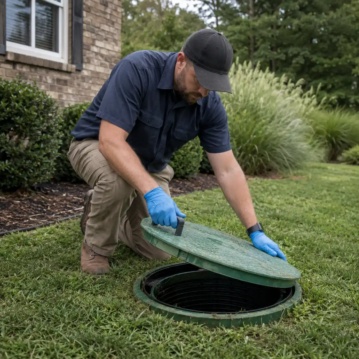 Septic inspector opening a tank riser for a real estate inspection in Providence County, Rhode Island