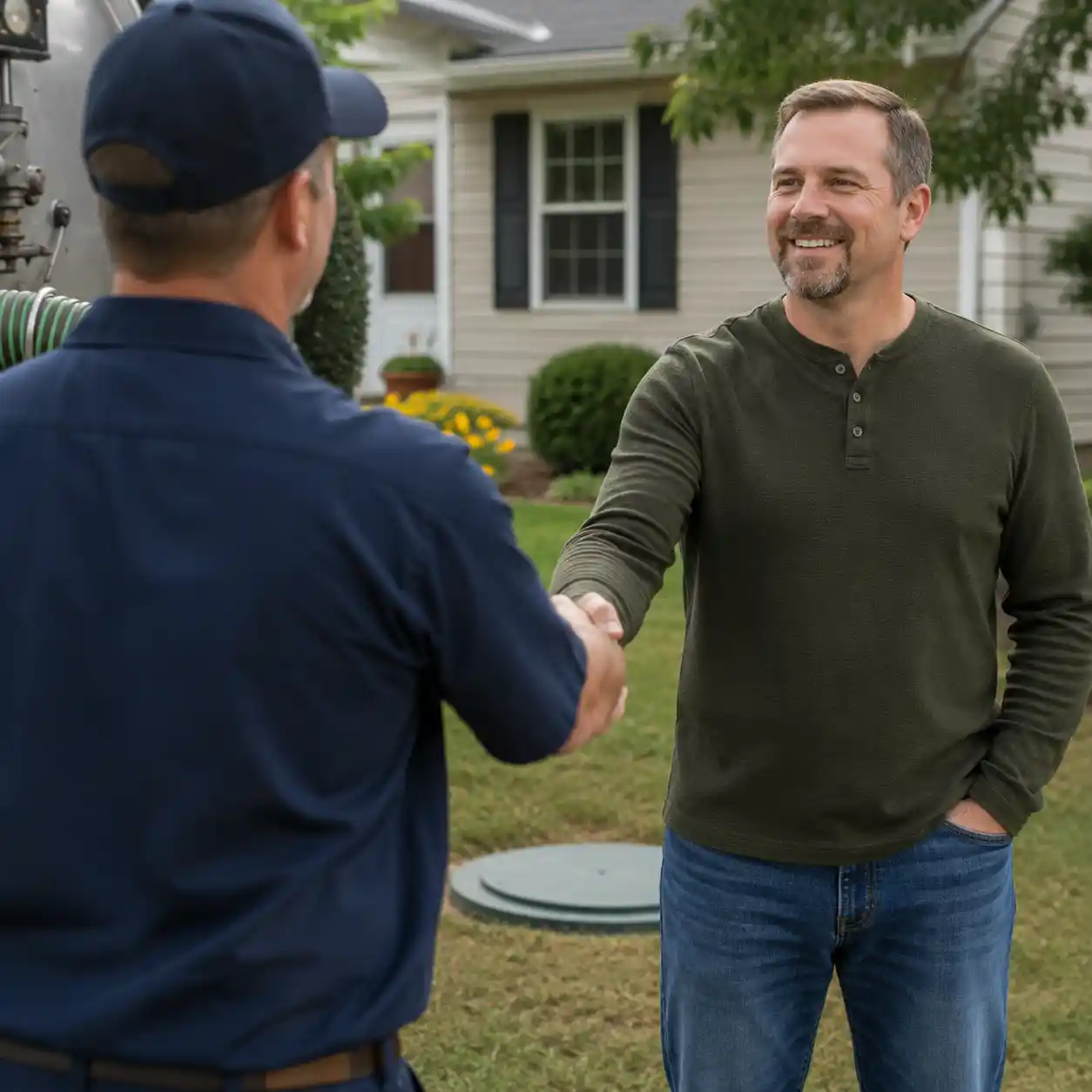 Danny Silva, founder of Providence Septic Services, greeting a customer in Providence County, Rhode Island