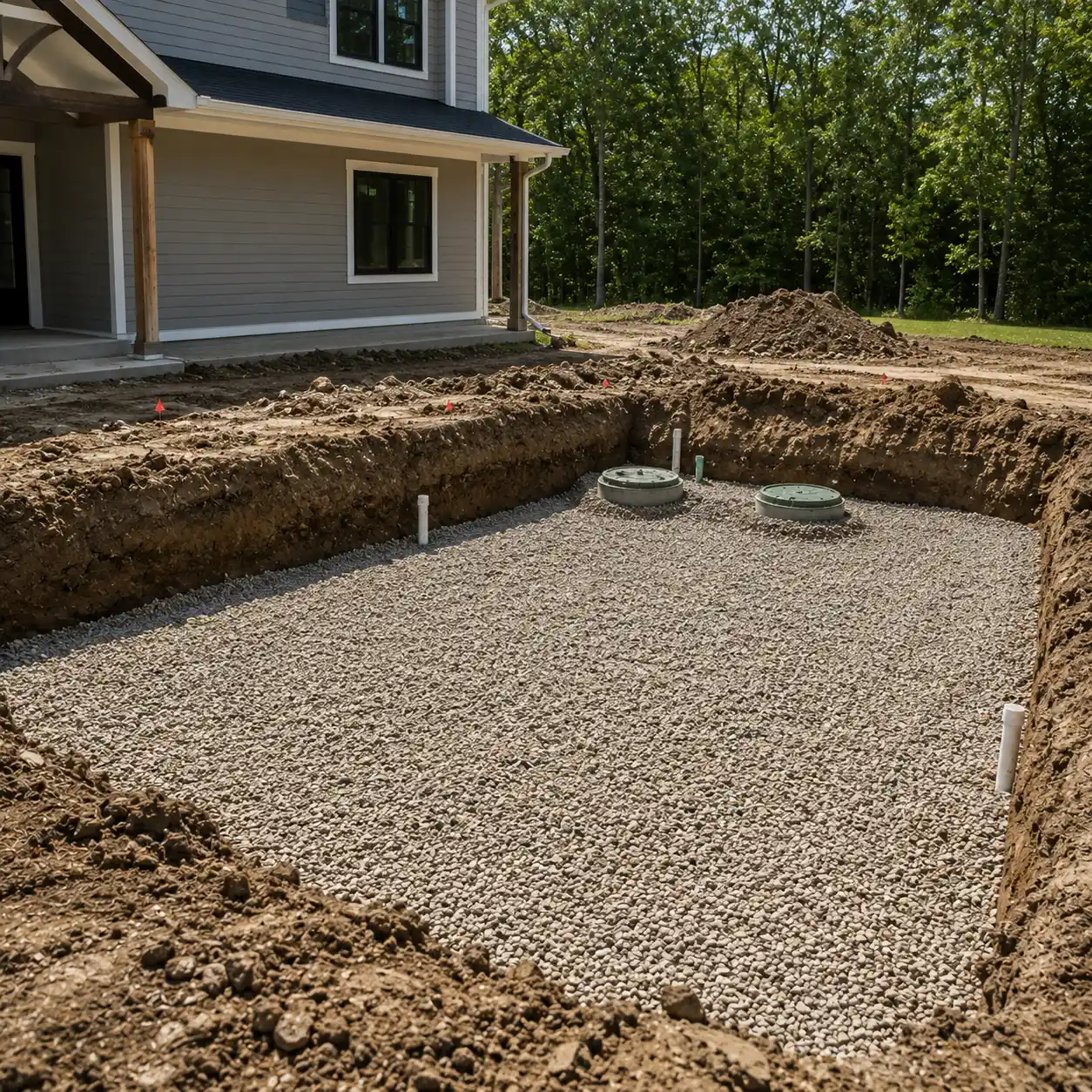 New septic tank set on a gravel foundation during a commercial installation