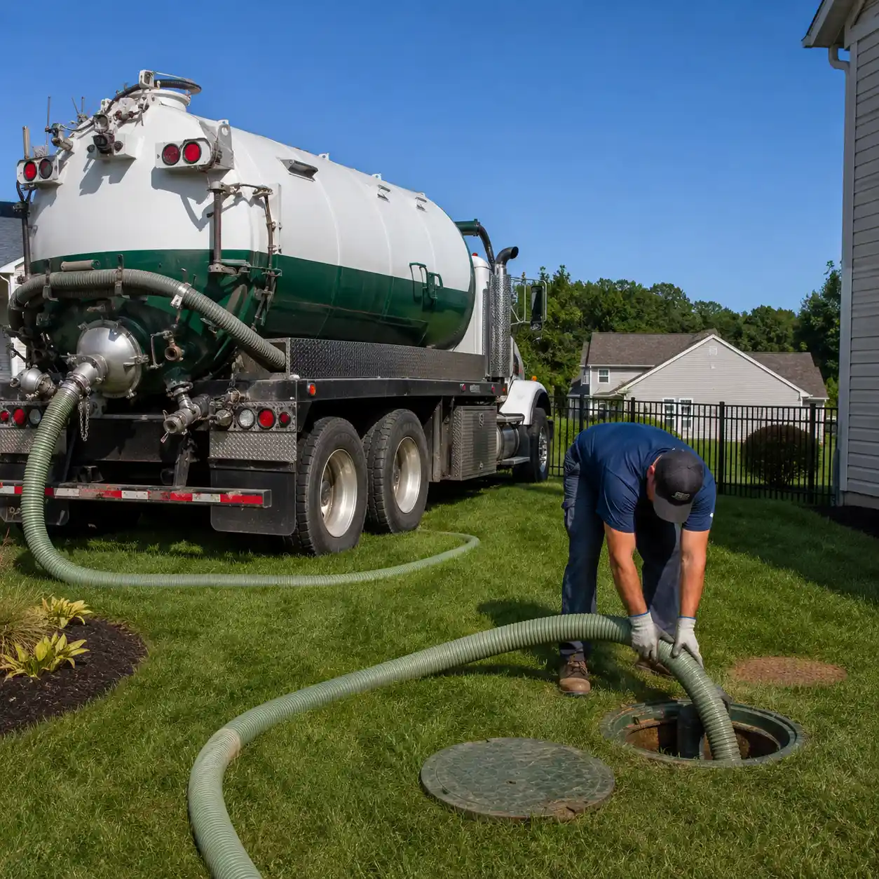 Commercial septic vacuum truck servicing a Providence, Rhode Island property