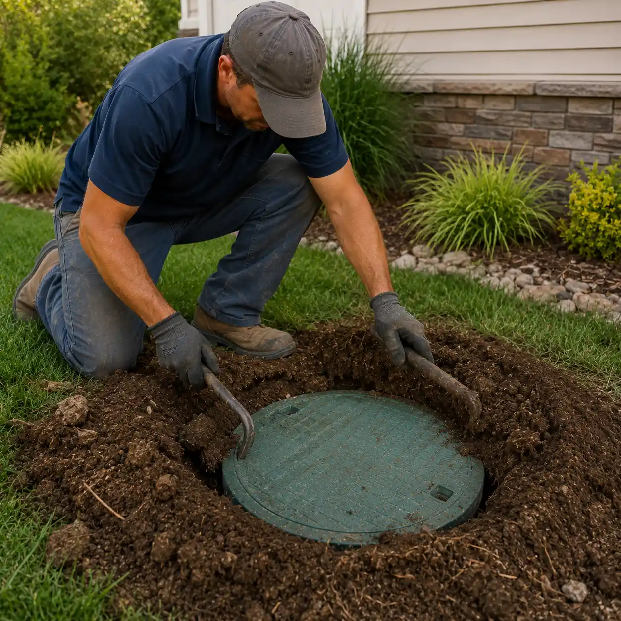 Septic tank access lid partially covered by soil in Providence County, Rhode Island