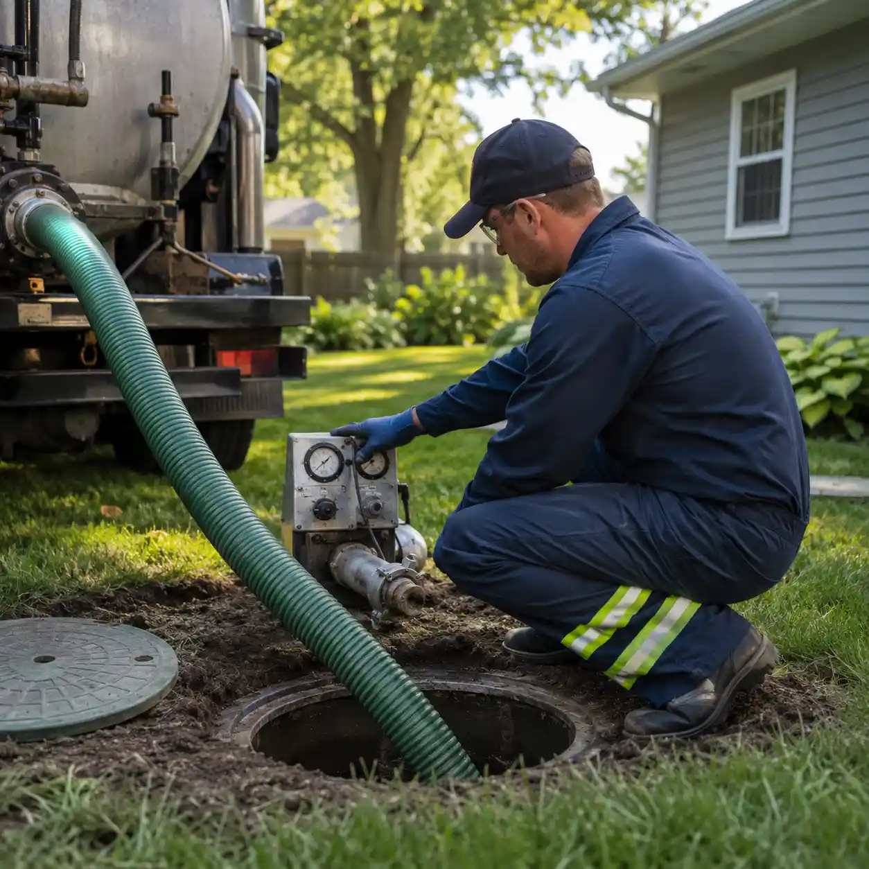 Technician monitoring a septic pumping visit in Providence County, Rhode Island